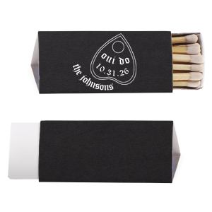 Rouse the spirits at your Halloween event or seasonal wedding with the Oui Do Match. Fully customizable with dates and text alongside a simple ouija planchette, they are sure to leave a haunting impression on your guests!