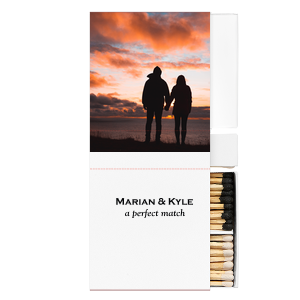 Our beautiful custom White Classic Custom Photo Matchbox with Matte Black Ink Digital Print Colors and Matte Fuchsia Ink Digital Print Colors will impress guests like no other. Make this party unforgettable.