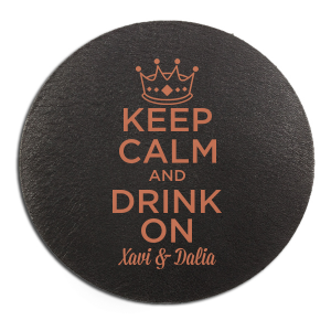 Lift your spirits with the Keep Calm & Drink On Coaster. With a crown proudly perched atop this iconic phrase, it's a declaration of fun. Customize with your names to add a personal touch, making your party royally unforgettable. Cheers to celebrating in style!