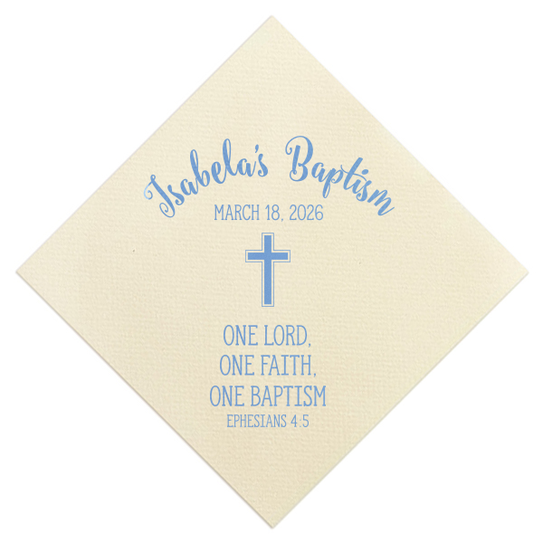 Our beautiful custom Ivory Linen Like Cocktail Napkin with Satin French Blue Foil has a Cross graphic and is good for use in Christian Symbols themed parties and can be personalized to match your party's exact theme and tempo.