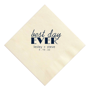 Celebrate your special day with the Best Day Ever Wedding Napkin. Featuring "Best Day" in simple script stacked over a bold, striking "EVER," this design makes a statement. With the couple’s names and date below, it exudes a classic yet contemporary charm that’s perfect for the modern wedding.