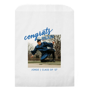 Custom White Custom Photo Party Bag with Matte Poppy Ink Digital Print Colors has a Congrats graphic and is good for use in Words, Hearts, Wedding themed parties and will look fabulous with your unique touch. Your guests will agree!