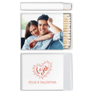 Our custom White Classic Custom Photo Matchbox with Matte Poppy Ink Digital Print Colors and Matte Fuchsia Ink Digital Print Colors has a Te Amo graphic and is good for use in Words, Wedding, Hearts themed parties and can be customized to complement every last detail of your party.