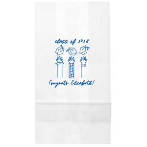 Celebrate scholarly success with the Tossed Graduation Caps Bag, customized with the graduate's name and the commemorative year, adorned with a modern line-drawn graphic of jubilant arms tossing their caps skyward. A stylish graduation bag for any graduation celebration.