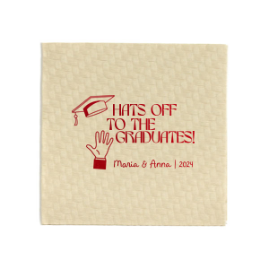 Applaud the new graduate with the Hats Off Graduation Cheer Napkin, emblazoned with a celebratory hand tossing a graduation cap and the phrase "Hats off to the graduate," personalized with the graduate's name and year. A perfect addition to any graduation festivity.