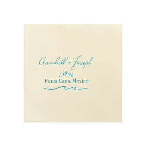 Bring your wedding party to the beach! With a Wave graphic and Teal foil, these napkins will. Personalize with your names, wedding date and location for a detail just right for your destination wedding.