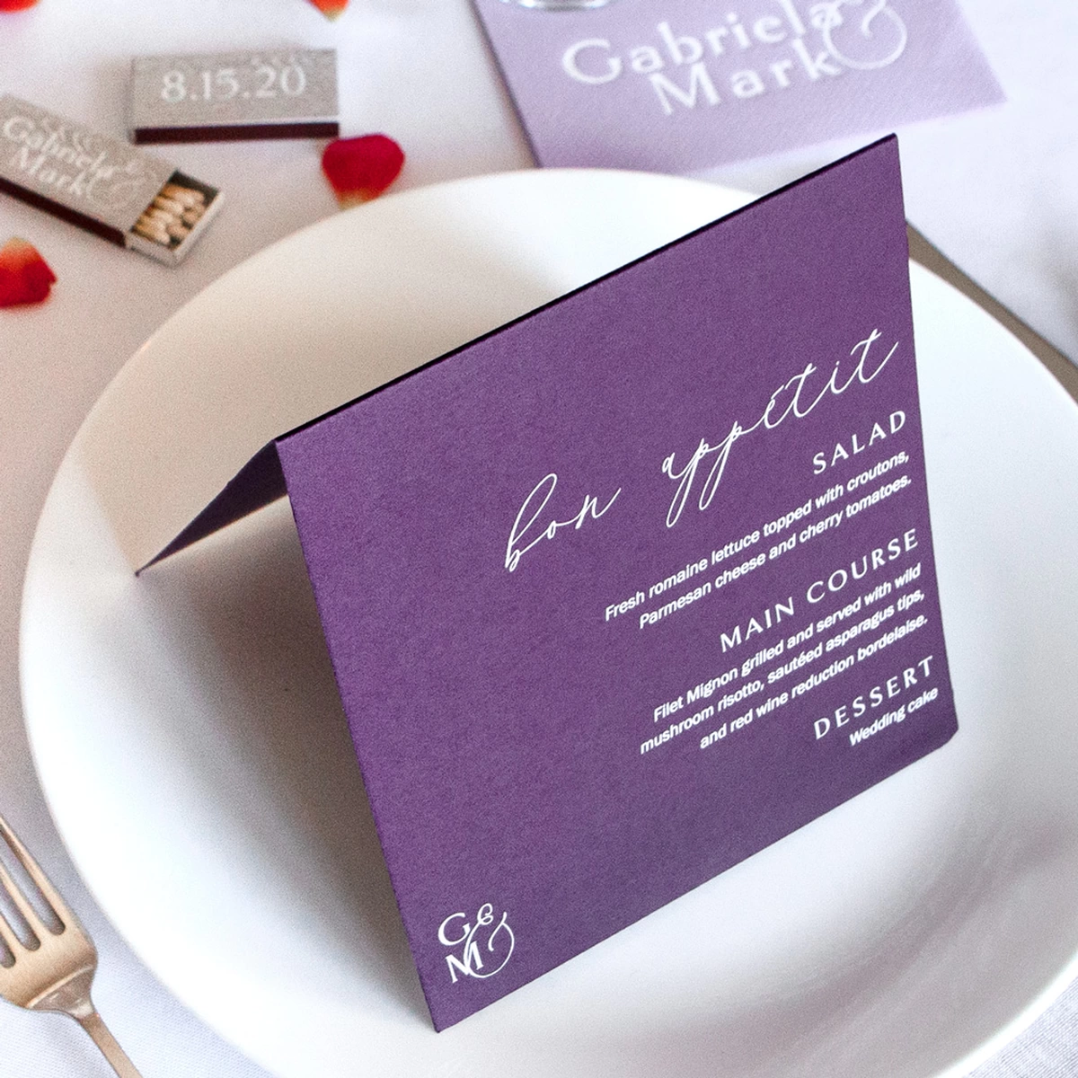 Shop the Lavender Waves Collection Custom Folded Menus, Cocktail Napkins, and Matchboxes