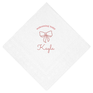 Celebrate your bundle of joy with the Baby Shower Bows Welcome Napkin, elegantly announcing 'Welcoming Baby' above a chic, minimal bow graphic. Personalize with your new arrival's name for a trendy touch at your baby shower or welcome home event.