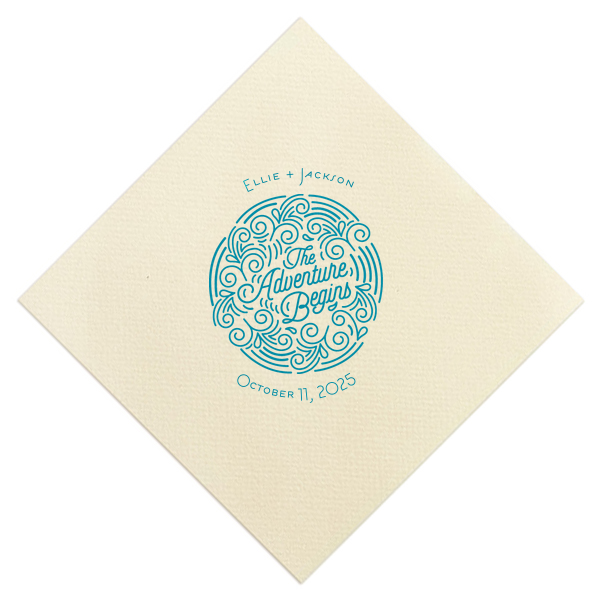 Add the perfect touch to your bar, dessert table or appetizers with this Adventure Begins personalized Ivory napkin. Pair your names and date with our Adventure Badge for a seamless detail in your outdoor themed wedding.