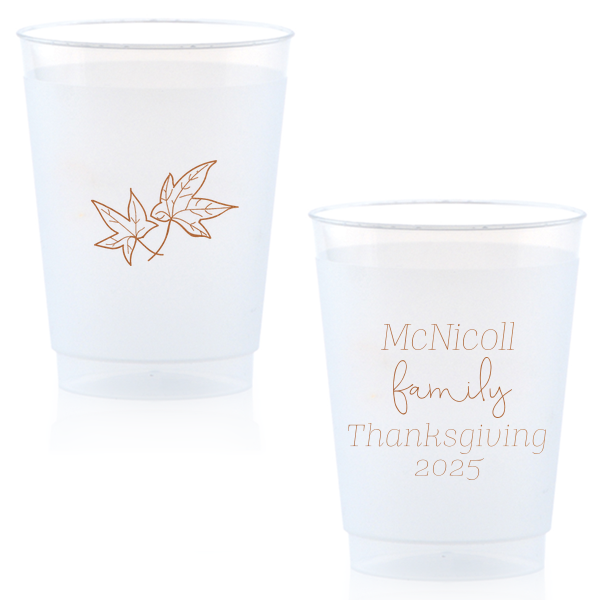 Elevate your autumn gatherings with the Thanksgiving Fall Leaves Cup! Two elegant fall leaves float gracefully, adding a touch of seasonal charm. Personalize the reverse side with four dynamic lines, each in playful fonts. Perfect for sipping and celebrating in style. Cheers to a well-scripted harvest!