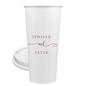 The Swirl Script Duo Cup design combines simplicity with a dash of flair. The couple's names are elegantly stacked, connected by a playful, elongated 'and' in swirling lowercase script. This design adds a touch of whimsy to a classic, understated style.