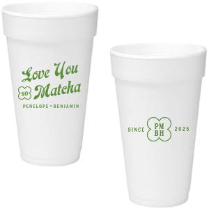 Customize a modern and unique cup for your upcoming event! Featuring text that says Love You so Matcha, you can personalize this cup with the couple's names, initials, and date.
