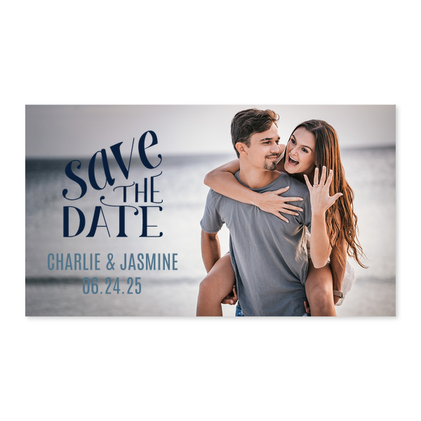 ForYourParty's chic White Rectangle Label with Matte Navy Ink Digital Print Colors and Matte Stone Blue Ink Digital Print Colors has a Save the Date 2 graphic and is good for use in Words, Wedding themed parties and can be personalized to match your party's exact theme and tempo.