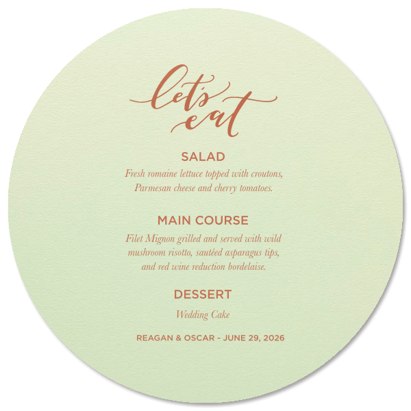 Dine in delight with the Let's Eat Menu, playfully scripted to entice your guests. Detail your feast across ten customizable lines, culminating in the couple's names and date, for a tasteful prelude to culinary celebration.