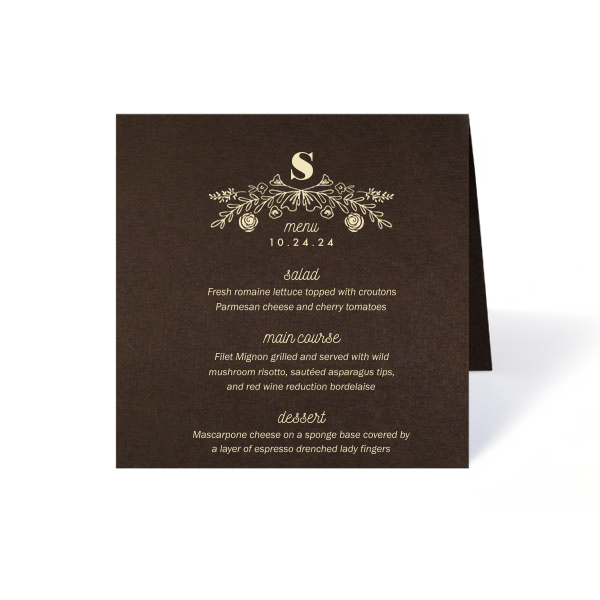 Present a feast for the eyes with the Rose Laurel Menu, crowned by an arch of hand-drawn blooms and foliage. Thirteen lines await your gourmet selections, framing each course with an air of elegance befitting the finest gatherings.