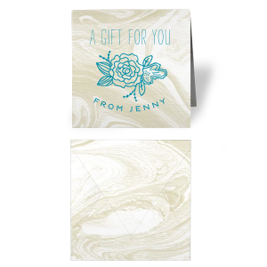 Our custom Marble Sand Gift Enclosure with Satin Teal / Peacock Foil has a Peony Accent graphic and is good for use in Floral  themed parties and for gift giving and can't be beat. Showcase your style in every detail of your party's theme!