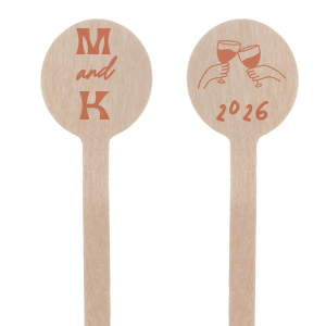 The Toast to the Year Stir Stick elegantly marks your event with your initials displayed in a sleek, modern typeface. On the other side, the year of your special occasion is tastefully presented beneath a hand-drawn illustration of two hands toasting with glasses, capturing the spirit of celebration and togetherness. This personalized stir stick is a trendy and whimsical memento, perfect for commemorating anniversaries, engagements, or any milestone event shared with loved ones.