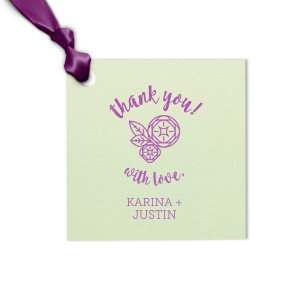 Thank guests for attending your wedding with a small favor tied with a themed gift tag. Personalize our Peony design with your names and date. Keep our Mint paper and Plum foil or choose your own theme colors. 