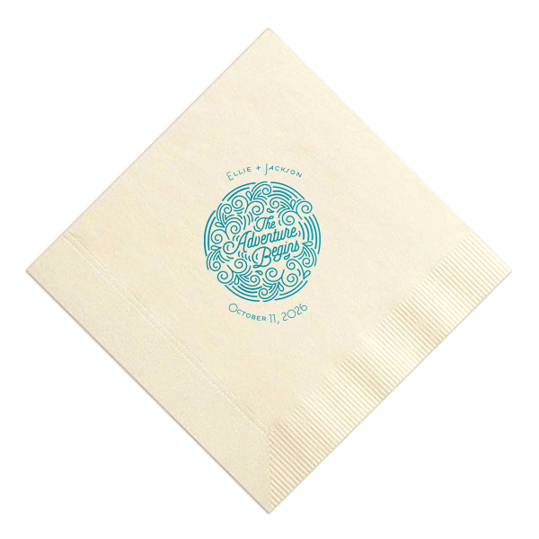 Add the perfect touch to your bar, dessert table or appetizers with this Adventure Begins personalized Ivory napkin. Pair your names and date with our Adventure Badge for a seamless detail in your outdoor themed wedding. 