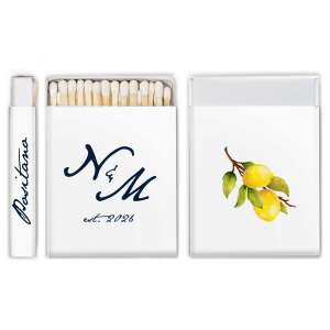 Give your guests a memorable wedding favor with this matchbox! Featuring a watercolor lemon graphic, this custom matchbox can be personalized with the date and location of your wedding. 