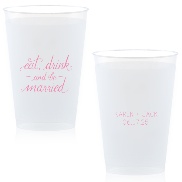 Toast to wedded bliss with the Eat, Drink and Be Married Cup, where a gentle cascade of words invites a night of celebration. The couple's names and wedding date on the reverse side add a personal seal to this jubilant toast.
