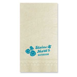Greet your guests with a grin using the Smiley Welcome Bath Napkin, personalized with your names in a modern block script, humorously announcing their presence in your bathroom, all amidst a joyful array of smiley face graphics. A fun, welcoming addition to your new home's comforts.