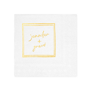 Add a touch of whimsy to your modern wedding with the Kitschy Cocktail Hour Framed Names Napkin. This delightful design features the couple's names in a script reminiscent of handwritten notes, all encased within a square frame for a dash of contemporary elegance.