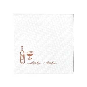 Complement the rich hues of your autumn celebration with the Boho Terracotta Line Art Wedding Napkin. This design showcases contemporary line drawings of a wine bottle and glass, perfect for a toast to the couple. Personalize with the bride and groom's names elegantly scripted below, adding a touch of modern sophistication to your moody fall wedding theme.