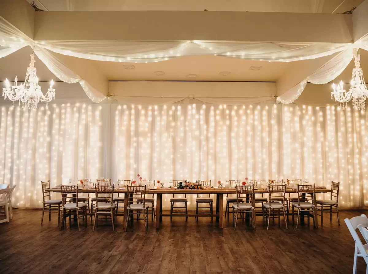 wedding head table with twinkle lights and tulle backdrop