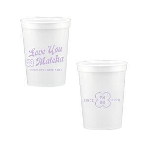 Customize a modern and unique cup for your upcoming event! Featuring text that says Love You so Matcha, you can personalize this cup with the couple's names, initials, and date.