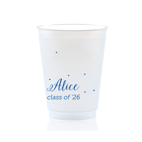 Bubbly Bliss. Add a touch of whimsy to your celebration with the Sweet Polka Dot Celebration Cup. Featuring a delightful smattering of polka dots that evoke confetti or bubbles, this design energizes any event. The sweet dots provide a charming backdrop for the celebrant’s name in elegant script and the event details below.

