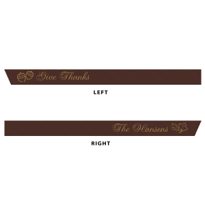 Our custom Espresso 5/8" Satin Ribbon with Satin 18 Kt. Gold Foil Color has a Acorns graphic and a 2 Leaves graphic and is good for use in Floral themed parties and can be customized to complement every last detail of your party.