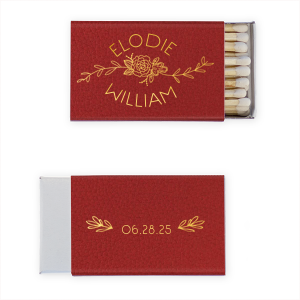 The Peony Garden Floral Name Wedding Match marries elegance with botanical beauty. The front gracefully showcases the couple's names in all caps, arched above and below a central flourish featuring a detailed Peony, symbolizing a happy marriage. The back, adorned with the date and flanked by delicate boughs, completes this refined design.