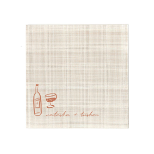 Complement the rich hues of your autumn celebration with the Boho Terracotta Line Art Wedding Napkin. This design showcases contemporary line drawings of a wine bottle and glass, perfect for a toast to the couple. Personalize with the bride and groom's names elegantly scripted below, adding a touch of modern sophistication to your moody fall wedding theme.