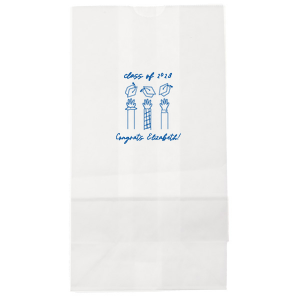 Celebrate scholarly success with the Tossed Graduation Caps Bag, customized with the graduate's name and the commemorative year, adorned with a modern line-drawn graphic of jubilant arms tossing their caps skyward. A stylish graduation bag for any graduation celebration.