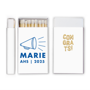 Our custom White Classic Custom Photo Matchbox with Matte Royal Blue Ink Digital Print Colors has a Megaphone graphic and is good for use in Kid Birthday, Graduation, Sports themed parties and will give your party the personalized touch every host desires.