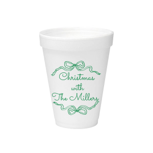 Let seasonal spirits overflow this year with the Holiday Bow Ribbon Cup. The festive design is paired with custom text, perfect for family holiday parties or nearly other festive function. 