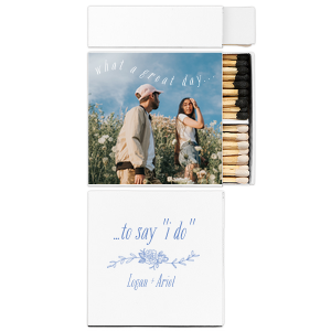 ForYourParty's chic White Square Custom Photo Matchbox with Matte White Ink Digital Print Colors and Matte Periwinkle Ink Digital Print Colors has a Peony Flourish 2 graphic and is good for use in Floral themed parties and will give your party the personalized touch every host desires.