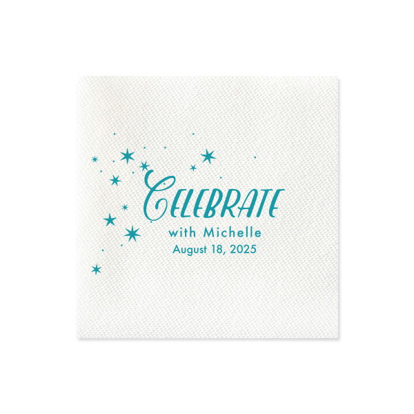 Ignite the party with the Twinkling Stars Celebrate Napkin! A dazzling burst of stars floats in the air, emphasizing the jubilant "Celebrate". Like fireworks in the night sky, this design captures the essence of pure festivity.