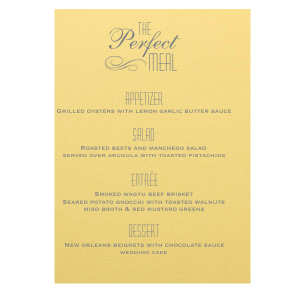Our custom Poptone Mimosa Classic Menu with Matte Slate Gray Foil has a Flourish graphic and can't be beat. Showcase your style in every detail of your party's theme!