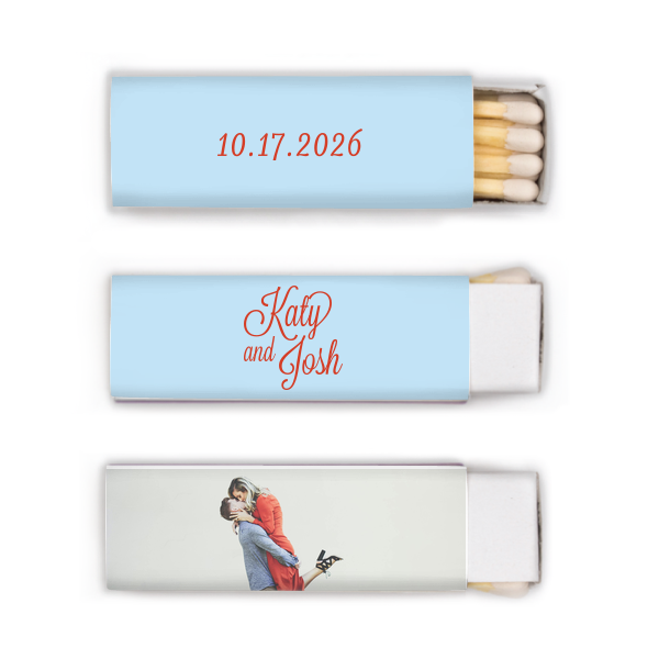 Capture love’s spark with the Love Snapshot Photo Matchbox. It features the couple’s names in a fun, flirty script on the front. The back displays a playful photo of the couple, radiating their shared joy. The celebration date adorns the side, making this matchbox a memorable keepsake of their special day. This design invites couples to choose a beloved photo to personalize their own matchbox, adding a unique and intimate touch to their wedding celebration.