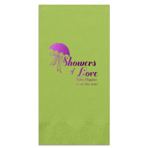 Personalized Honeydew Cocktail Napkin with Shiny Amethyst Foil has a Umbrella with Bow graphic and is good for use in Baby Shower and Bridal Shower themed parties and will make your guests swoon. Personalize your party's theme today.