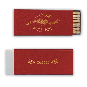 The Peony Garden Floral Name Wedding Match marries elegance with botanical beauty. The front gracefully showcases the couple's names in all caps, arched above and below a central flourish featuring a detailed Peony, symbolizing a happy marriage. The back, adorned with the date and flanked by delicate boughs, completes this refined design.