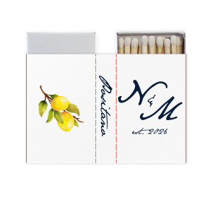 Give your guests a memorable wedding favor with this matchbox! Featuring a watercolor lemon graphic, this custom matchbox can be personalized with the date and location of your wedding. 