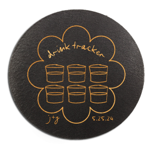 Keep tabs on the evening's libations with the Kitschy Cocktail Hour Drink Tracker Coaster, an inventive element for a whimsical and modern wedding. This unique coaster features floral-framed modern line drawings of glasses, providing a chic way for guests to mark their drink count. Personalize with the couple's initials and wedding date for a functional yet stylish keepsake.