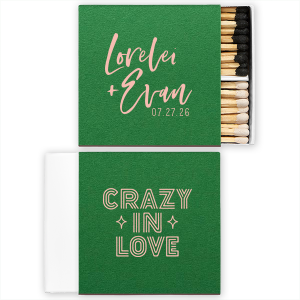 The Crazy In Love Matchbox design melds 1960s vintage charm with contemporary style. Featuring the couple's names in modern vibrant script. With the backside using exhilarating vintage font articulating "Crazy In Love," reflecting their euphoric love journey. A sophisticated yet playful tribute to timeless, exuberant love, it's visually stimulating and emotionally resonant.