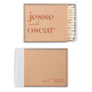 Customized matches add a spark to any event. Personalize this matchbox with a couple's name and dates. Matches are a unique favor that your guests will love. 