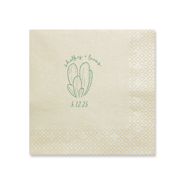 Add a touch of desert charm to your wedding with the Southwestern Cactus Napkin, featuring a serene cactus illustration. Names in whimsical script arch above, while the date nestles below, creating an oasis of love for your special day.