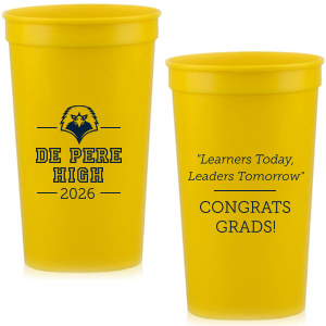 The ever-popular Gold 16 oz Stadium Cup with Matte Navy  Ink Colors has an Eagle Mascot graphic and is good for use in Animals, School and Graduation themed parties and will give your party the personalized touch every host desires.