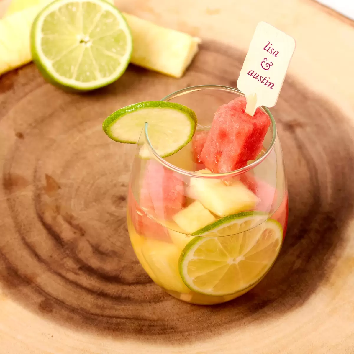 summer sangria with foil stamped personalized drink stirrer